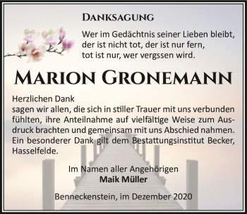 Traueranzeige von Marion Gronemann  von Magdeburger Volksstimme