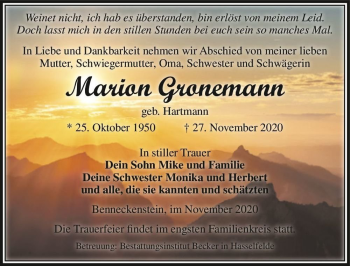 Traueranzeige von Marion Gronemann (geb. Hartmann)  von Magdeburger Volksstimme