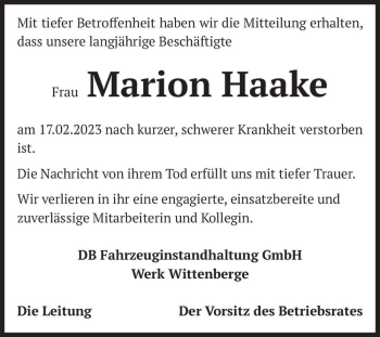 Traueranzeige von Marion Haake  von Magdeburger Volksstimme