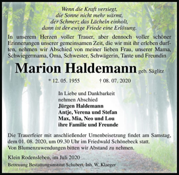Traueranzeige von Marion Haldemann (geb. Säglitz)  von Magdeburger Volksstimme
