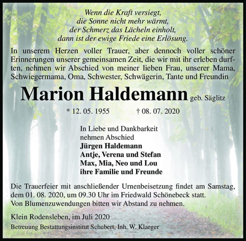  Traueranzeige für Marion Haldemann (geb. Säglitz)  vom 25.07.2020 aus Magdeburger Volksstimme
