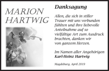 Traueranzeige von Marion Hartwig  von Magdeburger Volksstimme