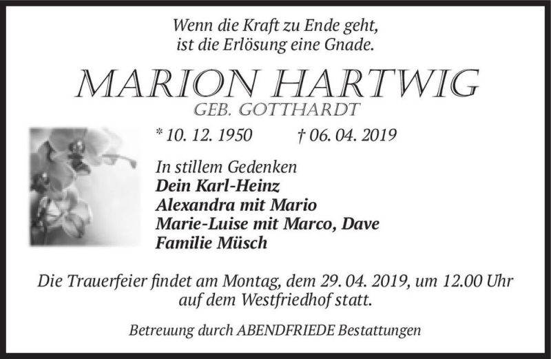  Traueranzeige für Marion Hartwig (geb. Gotthardt)  vom 20.04.2019 aus Magdeburger Volksstimme