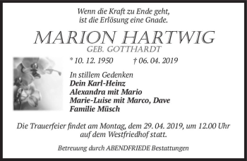Traueranzeige von Marion Hartwig (geb. Gotthardt)  von Magdeburger Volksstimme