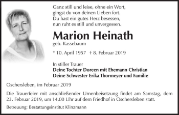 Traueranzeige von Marion Heinath (geb. Kassebaum)  von Magdeburger Volksstimme