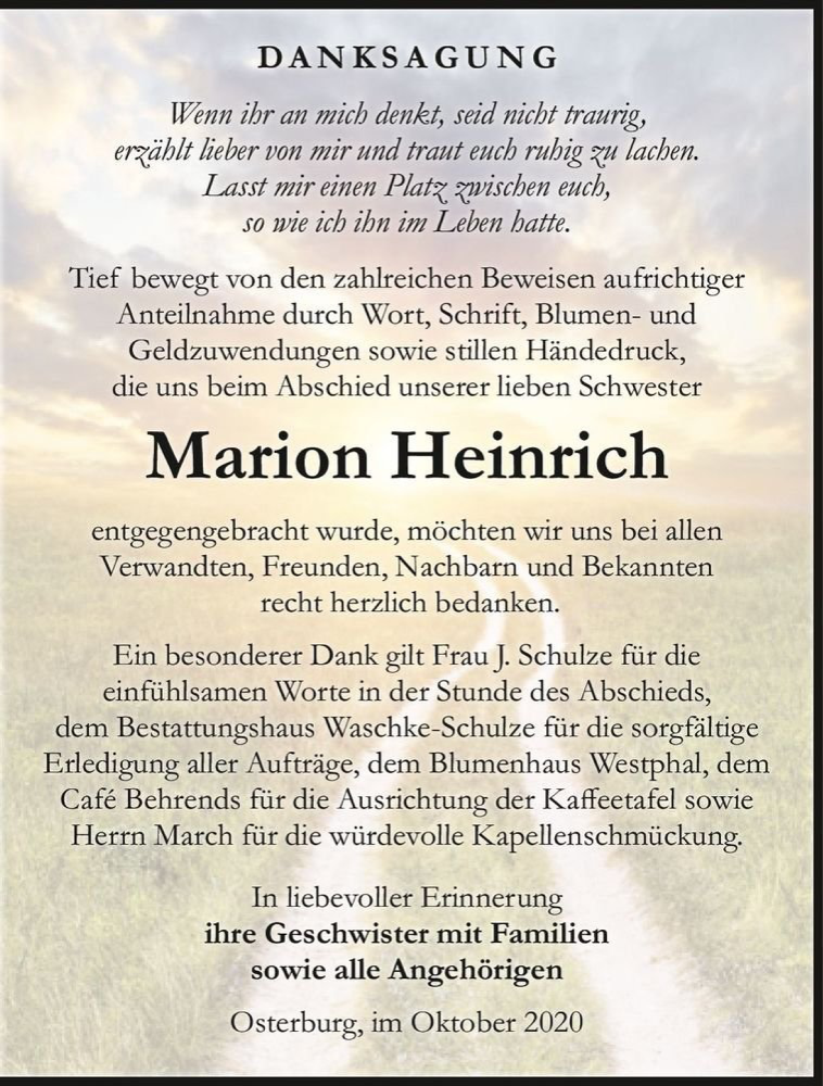  Traueranzeige für Marion Heinrich  vom 30.10.2020 aus Magdeburger Volksstimme