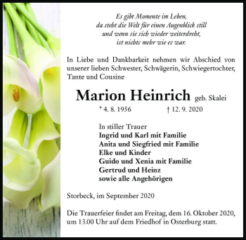 Traueranzeige von Marion Heinrich (geb. Skalei)  von Magdeburger Volksstimme