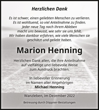 Traueranzeige von Marion Henning  von Magdeburger Volksstimme