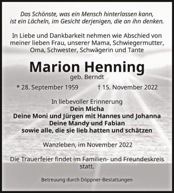 Traueranzeige von Marion Henning (geb. Berndt)  von Magdeburger Volksstimme