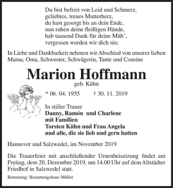 Traueranzeige von Marion Hoffmann (geb. Kühn)  von Magdeburger Volksstimme