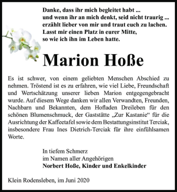 Traueranzeige von Marion Hoße  von Magdeburger Volksstimme