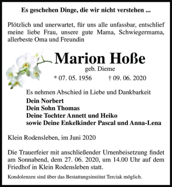 Traueranzeige von Marion Hoße (geb. Dieme)  von Magdeburger Volksstimme