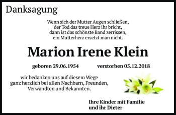 Traueranzeige von Marion Irene Klein  von Magdeburger Volksstimme