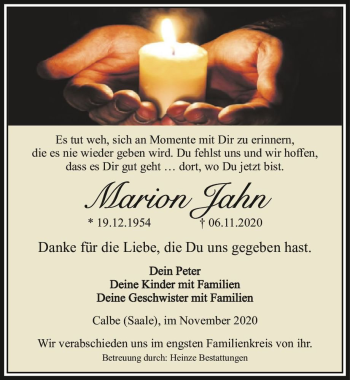 Traueranzeige von Marion Jahn  von Magdeburger Volksstimme
