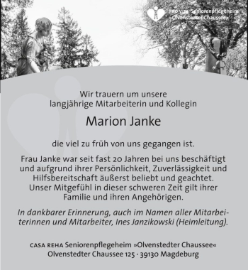 Traueranzeige von Marion Janke  von Magdeburger Volksstimme