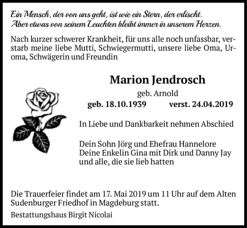  Traueranzeige für Marion Jendrosch (geb. Arnold)  vom 11.05.2019 aus Magdeburger Volksstimme