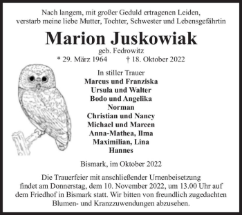 Traueranzeige von Marion Juskowiak (geb. Fedrowitz)  von Magdeburger Volksstimme