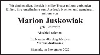 Traueranzeige von Marion Juskowiak (geb. Fedrowitz)  von Magdeburger Volksstimme