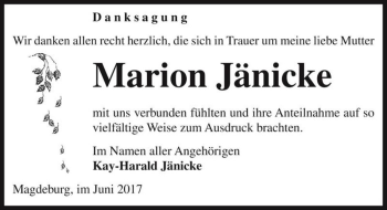 Traueranzeige von Marion Jänicke  von Magdeburger Volksstimme