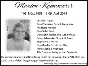Traueranzeige von Marion Kaemmerer  von Magdeburger Volksstimme