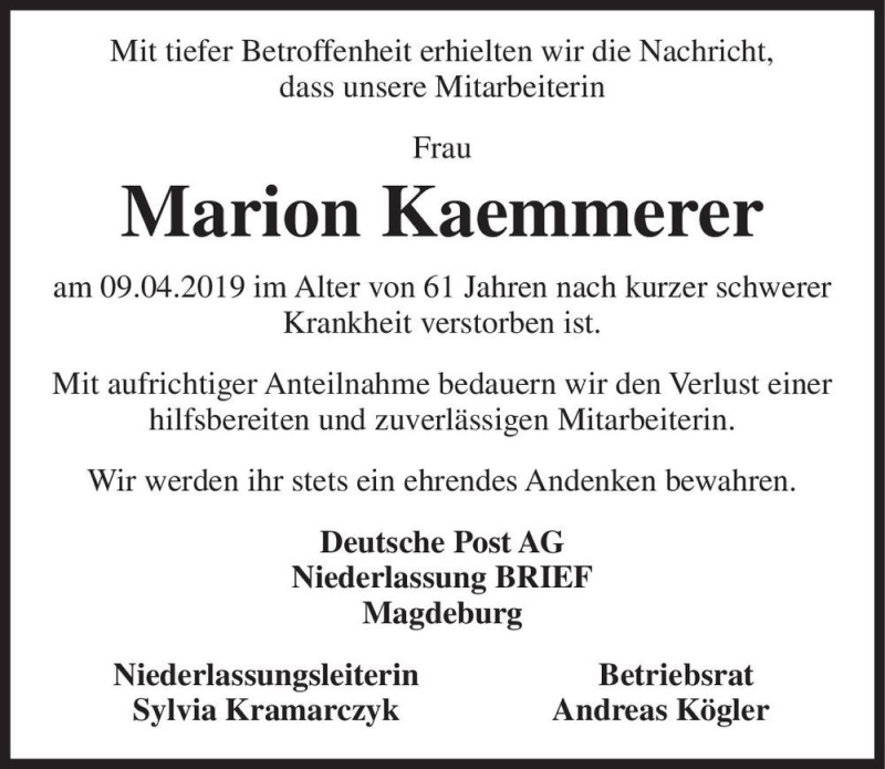  Traueranzeige für Marion Kaemmerer  vom 20.04.2019 aus Magdeburger Volksstimme