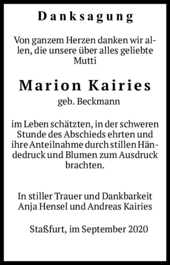 Traueranzeige von Marion Kairies (geb. Beckmann)  von Magdeburger Volksstimme