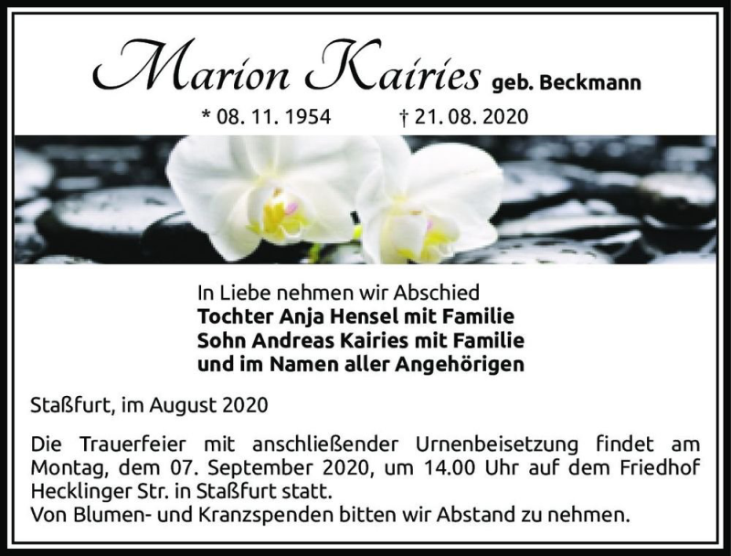  Traueranzeige für Marion Kairies (geb. Beckmann)  vom 29.08.2020 aus Magdeburger Volksstimme