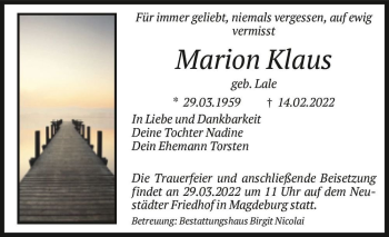Traueranzeige von Marion Klaus (geb. Lale)  von Magdeburger Volksstimme
