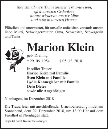 Traueranzeige von Marion Klein (geb. Dreiling)  von Magdeburger Volksstimme
