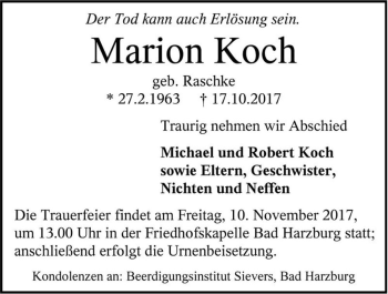 Traueranzeige von Marion Koch (geb. Raschke)  von Magdeburger Volksstimme