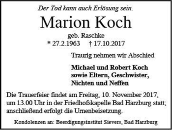 Traueranzeige von Marion Koch (geb. Raschke)  von Magdeburger Volksstimme