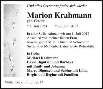 Traueranzeige von Marion Krahmann (geb. Grabert)  von Magdeburger Volksstimme