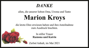 Traueranzeige von Marion Kroys  von Magdeburger Volksstimme