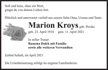 Traueranzeige von Marion Kroys (geb. Proske)  von Magdeburger Volksstimme
