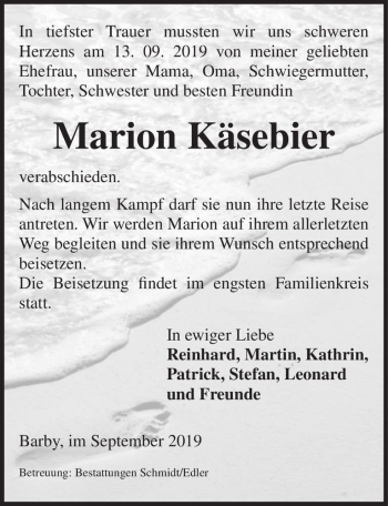 Traueranzeige von Marion Käsebier  von Magdeburger Volksstimme