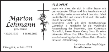 Traueranzeige von Marion Lehmann (geb. Krause)  von Magdeburger Volksstimme