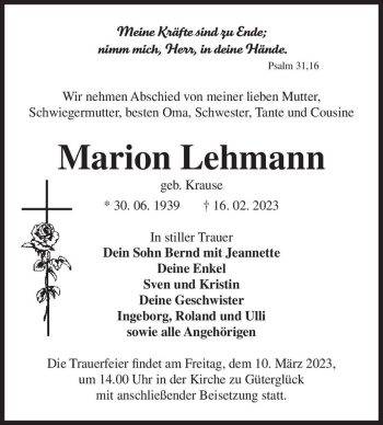 Traueranzeige von Marion Lehmann (geb. Krause)  von Magdeburger Volksstimme