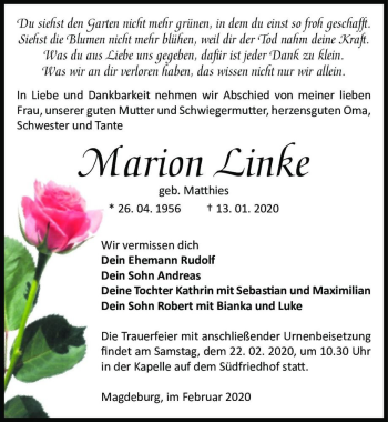 Traueranzeige von Marion Linke (geb. Matthies)  von Magdeburger Volksstimme