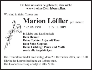 Traueranzeige von Marion Löffler (geb. Schulz)  von Magdeburger Volksstimme