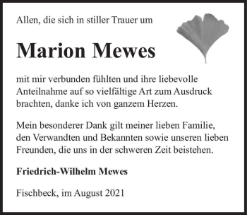 Traueranzeige von Marion Mewes  von Magdeburger Volksstimme