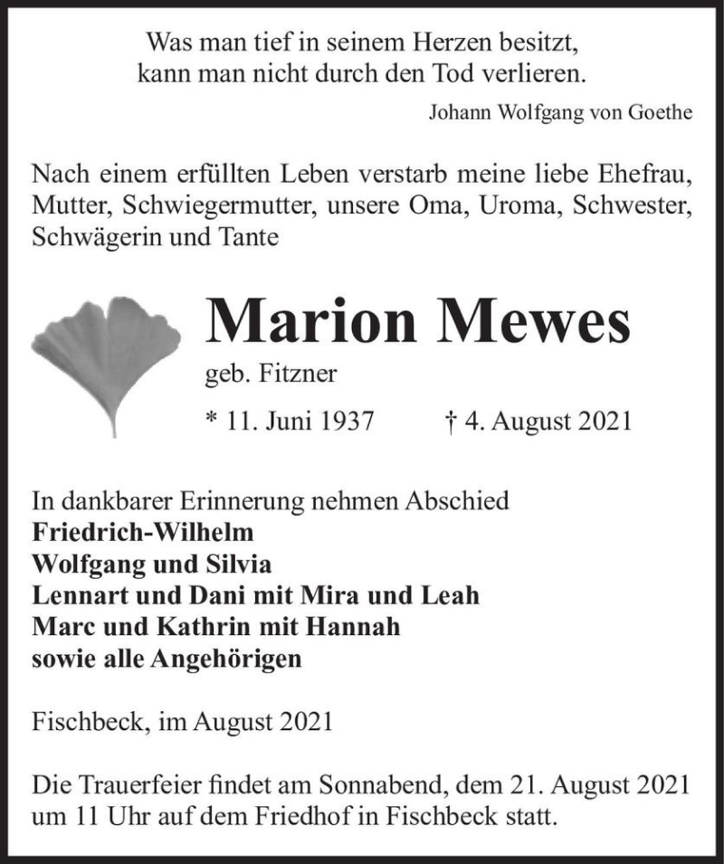  Traueranzeige für Marion Mewes (geb. Fitzner)  vom 14.08.2021 aus Magdeburger Volksstimme