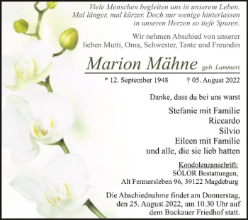 Traueranzeige von Marion Mähne (geb. Lammert)  von Magdeburger Volksstimme
