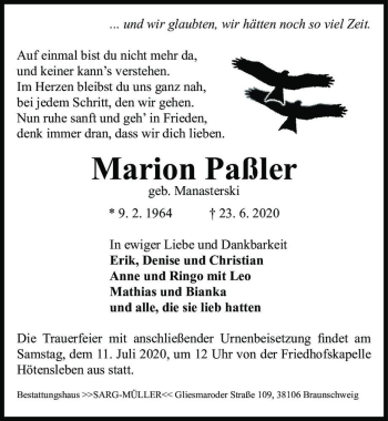 Traueranzeige von Marion Paßler (geb. Manasterski)  von Magdeburger Volksstimme