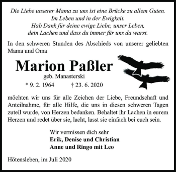 Traueranzeige von Marion Paßler (geb. Manasterski)  von Magdeburger Volksstimme