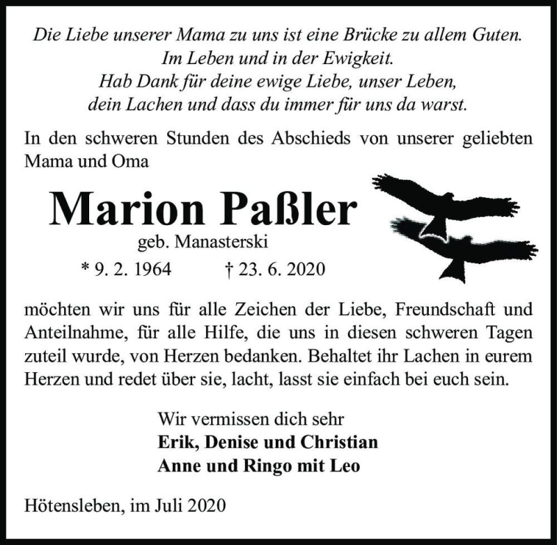  Traueranzeige für Marion Paßler (geb. Manasterski)  vom 25.07.2020 aus Magdeburger Volksstimme
