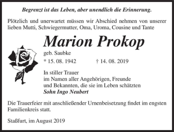 Traueranzeige von Marion Prokop (geb. Saubke)  von Magdeburger Volksstimme
