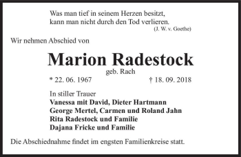 Traueranzeige von Marion Radestock (geb. Rach)  von Magdeburger Volksstimme