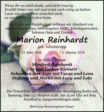 Traueranzeige von Marion Reinhardt (geb. Wischeropp)  von Magdeburger Volksstimme