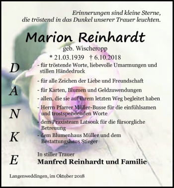 Traueranzeige von Marion Reinhardt (geb. Wischeropp)  von Magdeburger Volksstimme