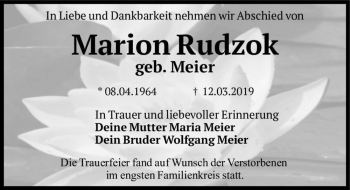 Traueranzeige von Marion Rudzok (geb. Meier)  von Magdeburger Volksstimme